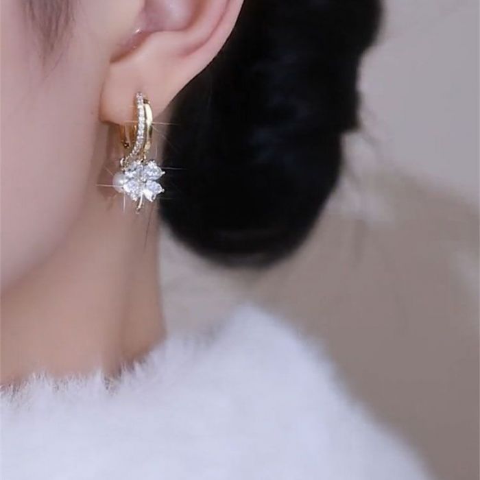 Crystal Flower & Pearl Hoop Earrings