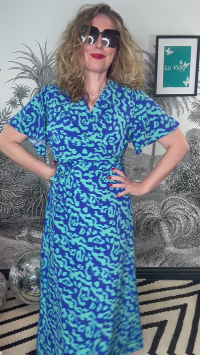 Addie Blue Animal Short Sleeve Midi Wrap Dress